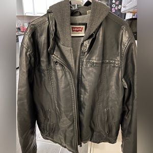 Levi’s Men’s Black/Gray Faux Leather Hoodie Jacket